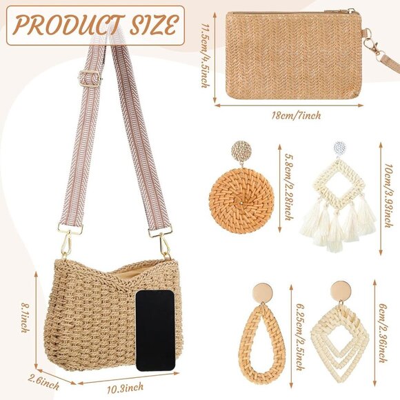 Straw Clutch Purse for Women Rattan Earrings Set Summer Beach Straw Bag Boho Han - Picture 5 of 6